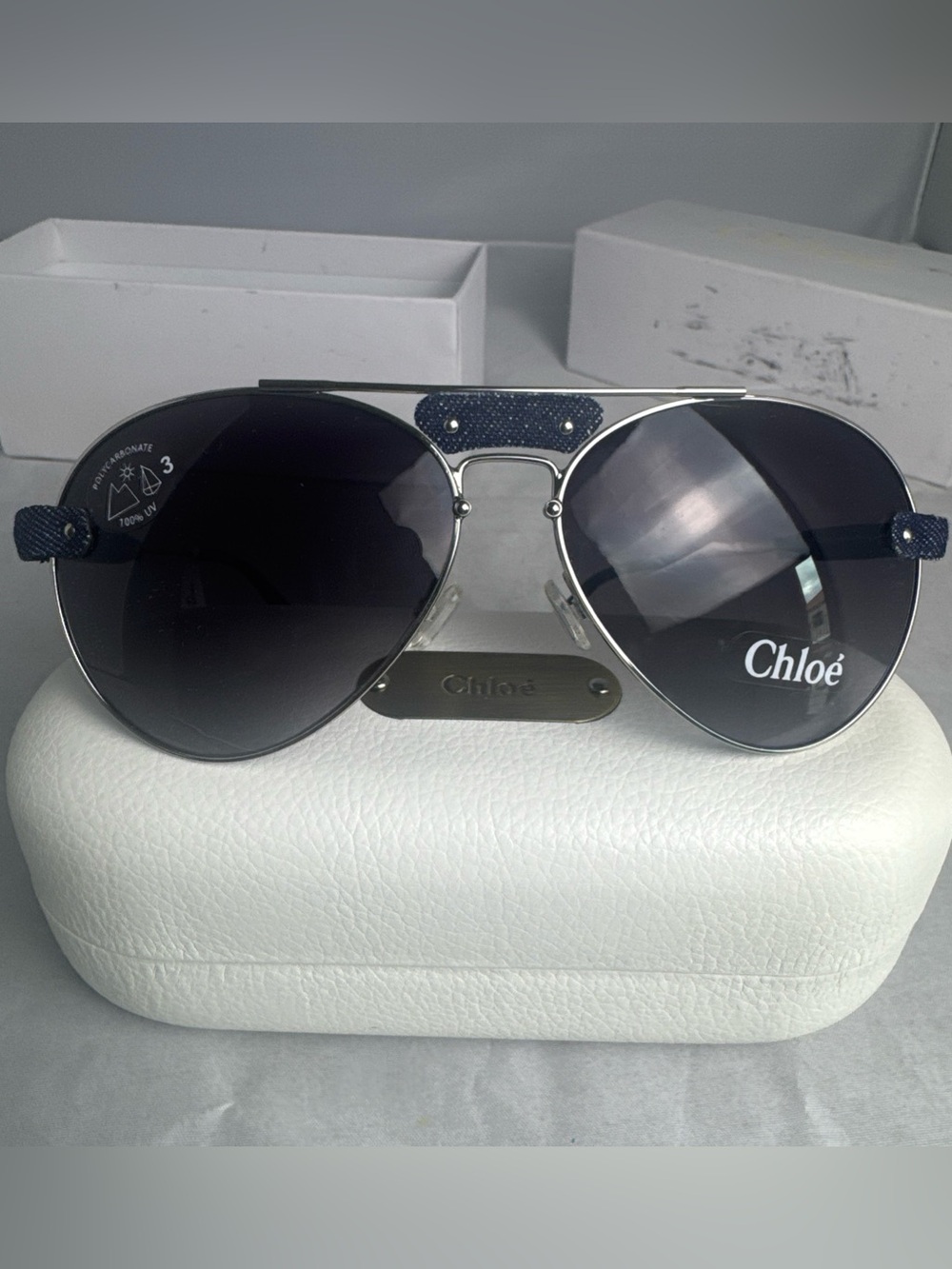 Pre-owned New Mint Chloe Sunglasses Aviators Blue Denim Trim